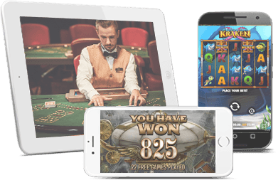 Varios dispositivos con juegos de casino en línea en sus pantallas.