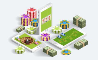 Casinos móviles rodeados de juegos, fichas y dinero
