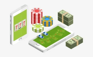 Dispositivos móviles con fichas de casino y billetes