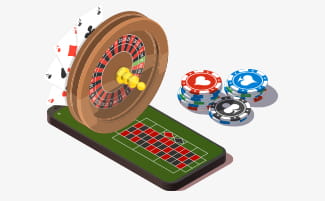 Casinos con ruleta online rodeada de fichas y un tapete.