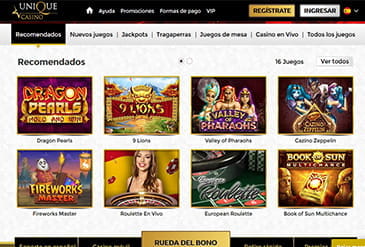 Catálogo de juegos en Unique Casino.