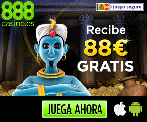 Banner publicitario de 888casino con un genio azul y el siguiente texto: recibe 88€ gratis más 500€ de bono de bienvenida; la frase: juega ahora; y además los logos de 888casino, Android, iOS y juego seguro