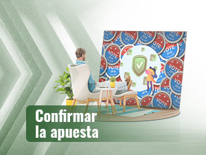 Una persona mira una pantalla con información sobre apuestas políticas y un símbolo de verificación.