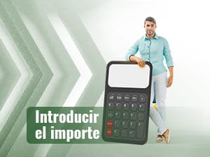 Hombre apoyado en una calculadora gigante