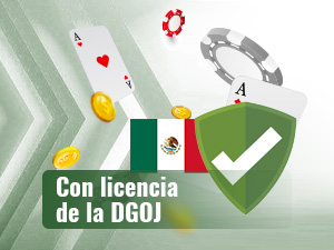 Escudo verde con una marca de verificación blanca, la bandera de México, cartas, fichas y monedas.