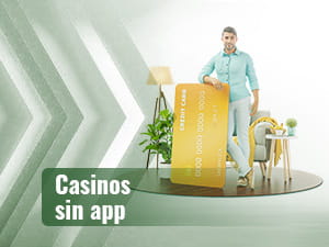 Hombre apoyado en una tarjeta de crédito gigante para depositar en un casino móvil.