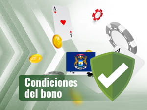 Fichas de casino, cartas y dinero rodeando la bandera de Michigan