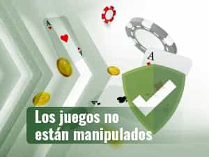 Cartas y fichas junto a un escudo que representa los juegos no manipulados.