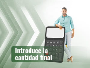 Hombre apoyado en una calculadora gigante