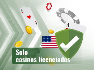 Escudo verde con una marca de verificación blanca y al fondo de la imagen, la bandera de los Estados Unidos, cartas, fichas y monedas.