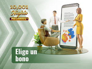 Dos personas presentan a un hombre los bonos válidos para la slot 10,001 Nights Megaways.