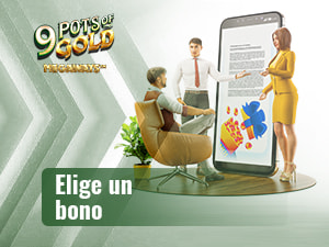Dos personas presentan a un hombre los bonos válidos para la slot 9 Pots of Gold Megaways.
