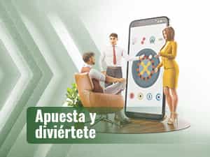 Dos personas presentan la ruleta 9 Pots of Gold a un hombre.