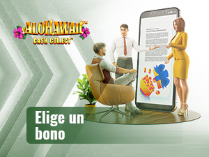 Dos personas presentan a una tercera los bonos disponibles para la tragaperras con cash collect Alohawaii.