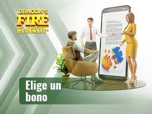 Dos personas presentan a un hombre los bonos válidos para la slot Dragon's Fire Megaways.