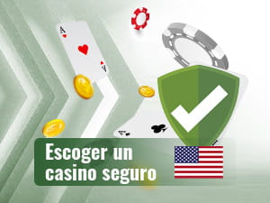 Fichas, cartas y monedas detrás de un escudo verde simbolizando la seguridad en los casinos online con dinero real.