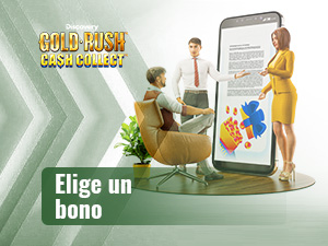 Dos personas presentan a una tercera las promociones disponibles para jugar a Gold Rush Cash Collect.