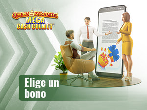 Dos personas presentan a una tercera los bonos disponibles para jugar a Queens of the Pyramids Cash Collect online.