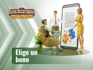 Dos personas presentan a una tercera los bonos disponibles para jugar a Silver Bullet Bandit Cash Collect.