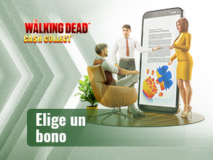Dos personas presentan a una tercera los bonos disponibles para jugar a The Walking Dead Cash Collect online.