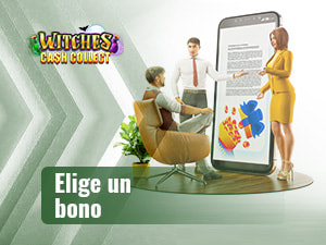 Dos personas presentan a una tercera los bonos disponibles para jugar a Witches Cash Collect online.