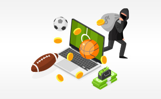 Un ladrón cometiendo una estafa en apuestas deportivas junto a un portátil, dinero y balones deportivos.
