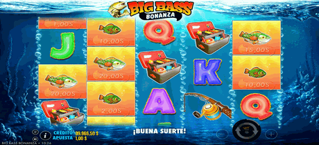 Pantalla de la slot Big Bass Bonanza durante una sesión en un casino online de México.