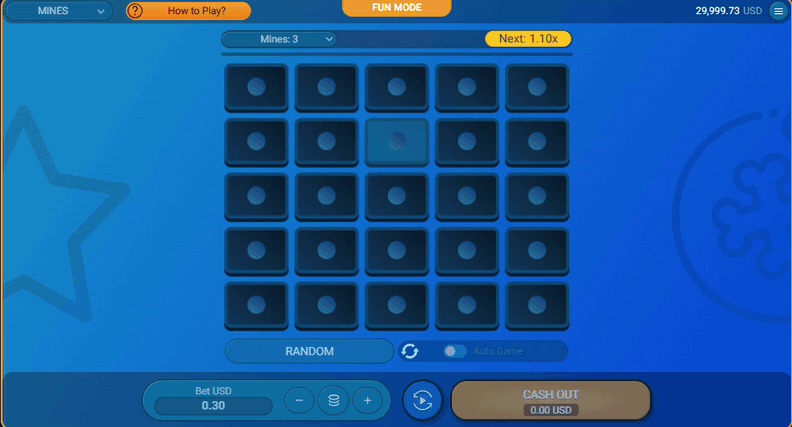 Partida de un juego de minas con casillas destapadas y el multiplicador acumulado