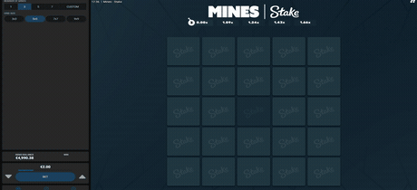 Tablero del juego Mines de Hacksaw Gaming con diamantes y minas ocultas