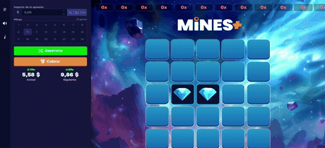 Tablero de Mines+ de Pragmatic Play con veinticinco casillas y gemas