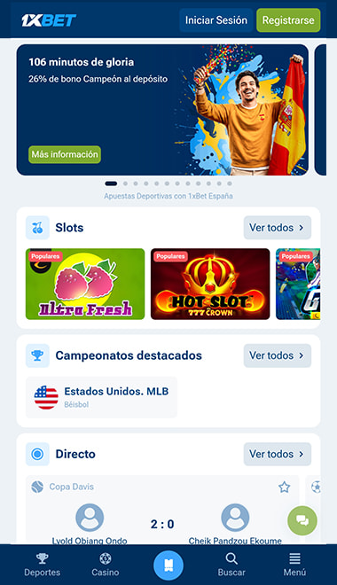 Pantalla principal de la app de apuestas de 1xBet.