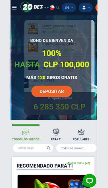 Página principal de 20Bet en Chile con opción a depositar.