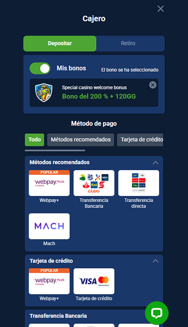 Selección de Mach en los métodos de pago.