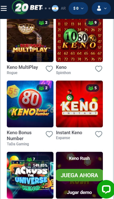 Paso 4: Búsqueda en el catálogo del casino y selección del juego de keno.