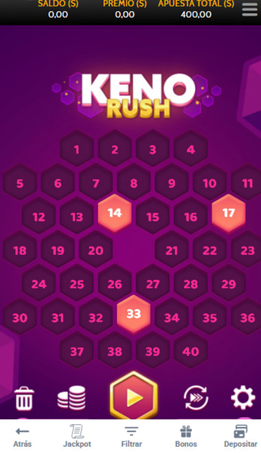 Paso 5: Interfaz de Keno Rush con los números seleccionados, listo para empezar a jugar.