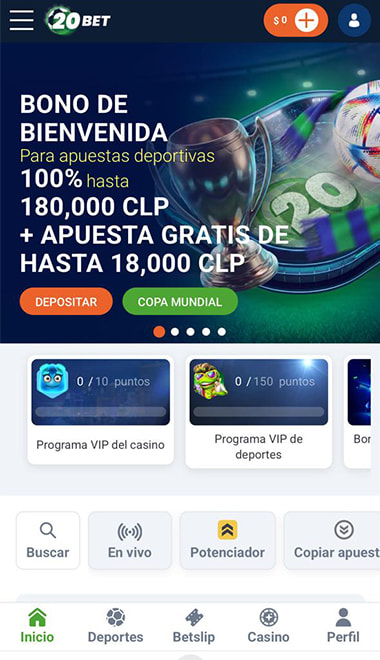Pantalla de inicio de 20Bet con bono de bienvenida disponible en Chile.