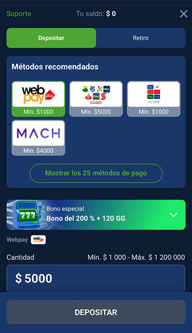 Métodos de pago de 20Bet en Chile con Webpay, Mercado Pago y MACH disponibles.