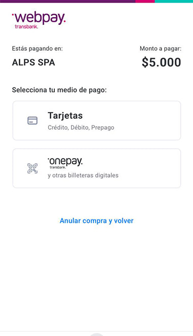 Pasarela Webpay de 20Bet donde se puede pagar con tarjeta prepago de Mercado Pago.