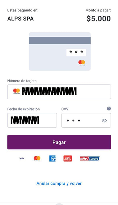 Formulario de pago con tarjeta Mastercard de Mercado Pago en la pasarela Webpay de 20Bet.