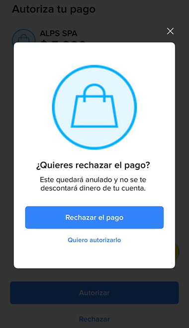 App de Mercado Pago solicitando confirmación para autorizar depósito en 20Bet Chile.