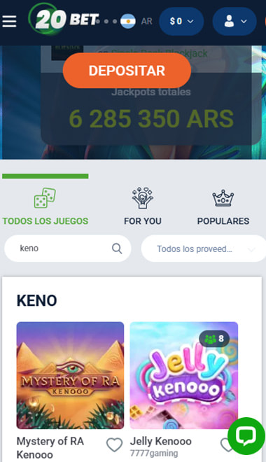 Paso 1: Pantalla principal del 20Bet casino online en Argentina con el botón destacado para depositar.