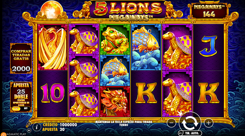 Tablero de la slot 5 Lions Megaways al jugar en un casino online.