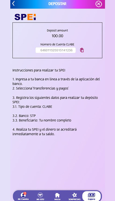 Transferencia SPEI desde banca en línea hacia un casino online.