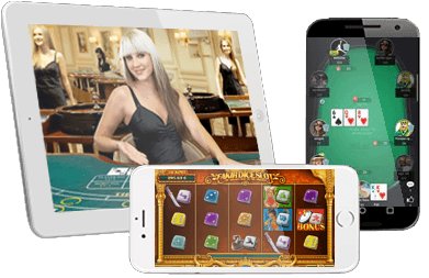 Varios dispositivos con juegos de casino online en sus pantallas.