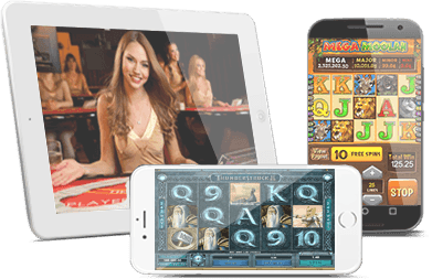 Varios dispositivos con juegos de casino en línea en la pantalla.
