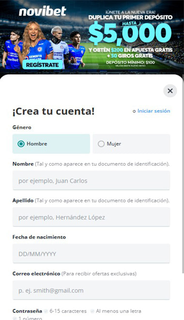 Formulario de registro de una cuenta de usuario en la app de apuestas.