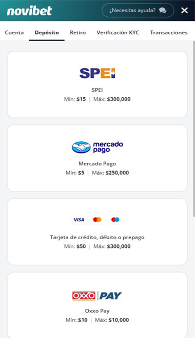 Selección de método de pago para depositar desde la app.