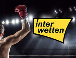 Un boxeador en un ring y el logotipo de Interwetten, casa que ofrece apuestas al boxeo en España.
