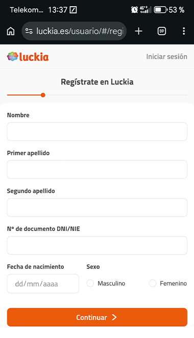 Formulario de registro en una casa de apuestas para apostar a Carlos Alcaraz.