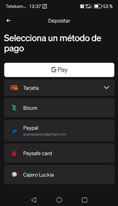 Cajero de una casa de apuestas con los métodos de depósito disponibles.